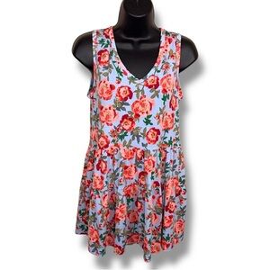 Small Be Stage Colorful Blue Pink Floral Tunic Vneck Top Sleeveless Stretch